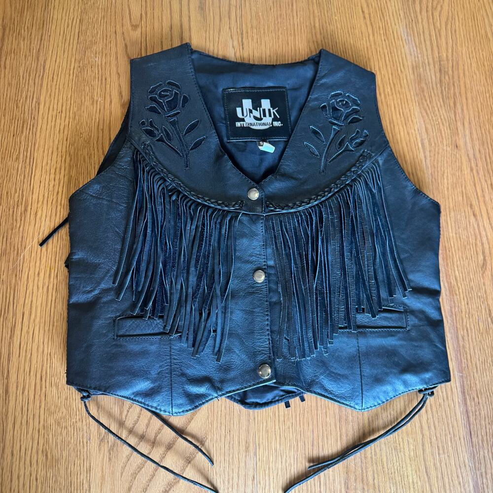 Vintage 1980s Unik Leather Vest with Rose and Fringe Detail- Size S